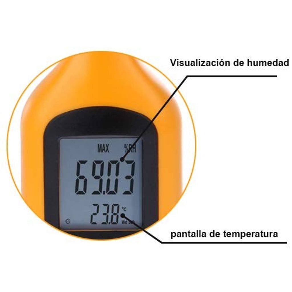 Orange handheld digital psychrometer with LCD display showing humidity reading and temperature