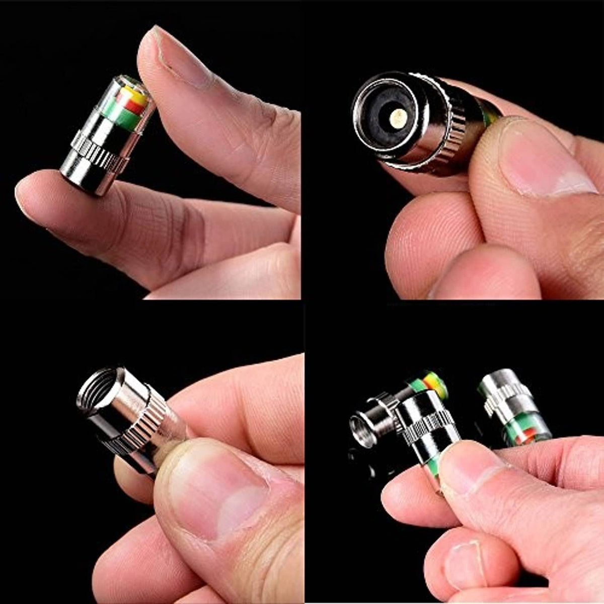 Hands installing tire valve stem cap; silver knurled cap with multicolor indicator ring