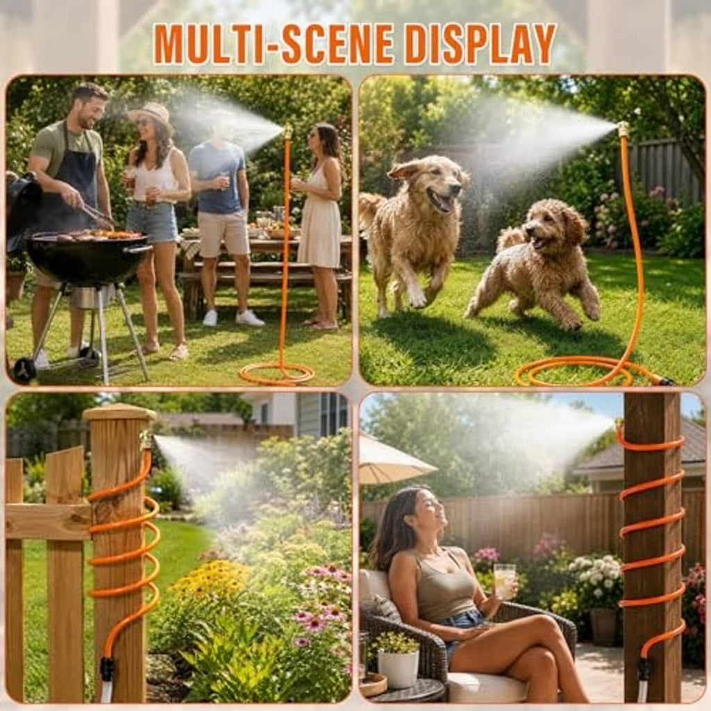 Outdoor cooling hose mister with orange line spraying mist between patio areas