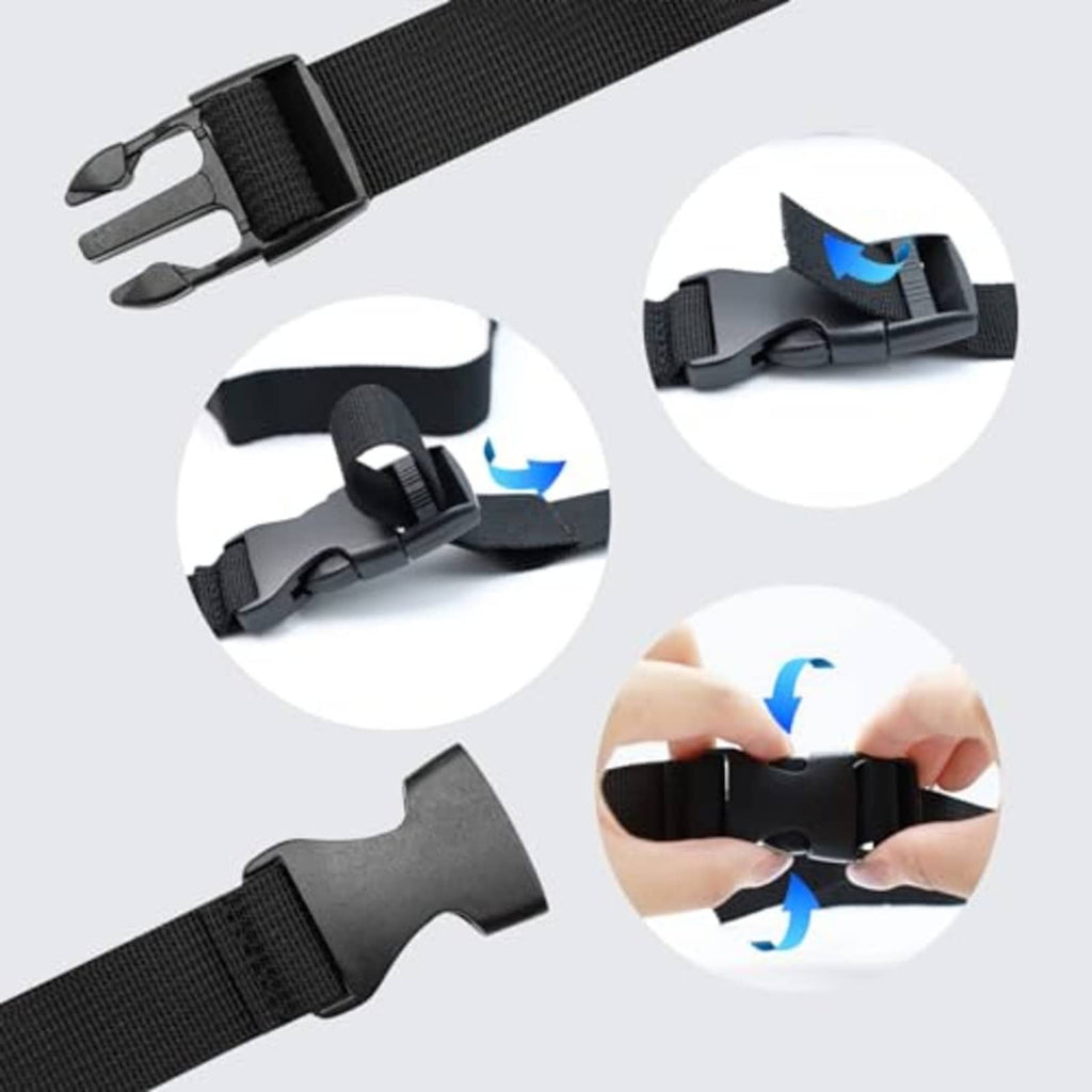 Black nylon tie-down straps with quick-release buckles, shown locking and unlocking