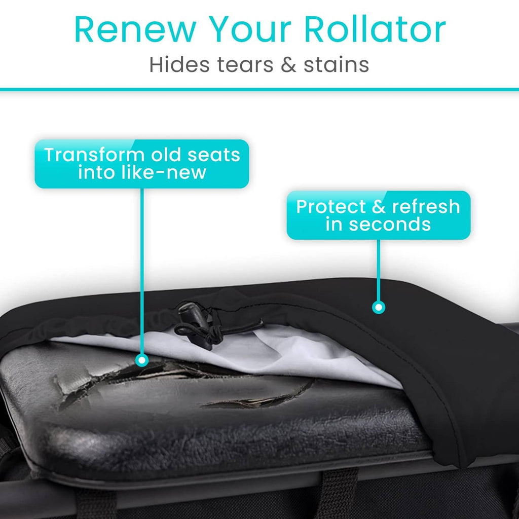 Black rollator cover with an underside strap, shown over a worn seat cushion