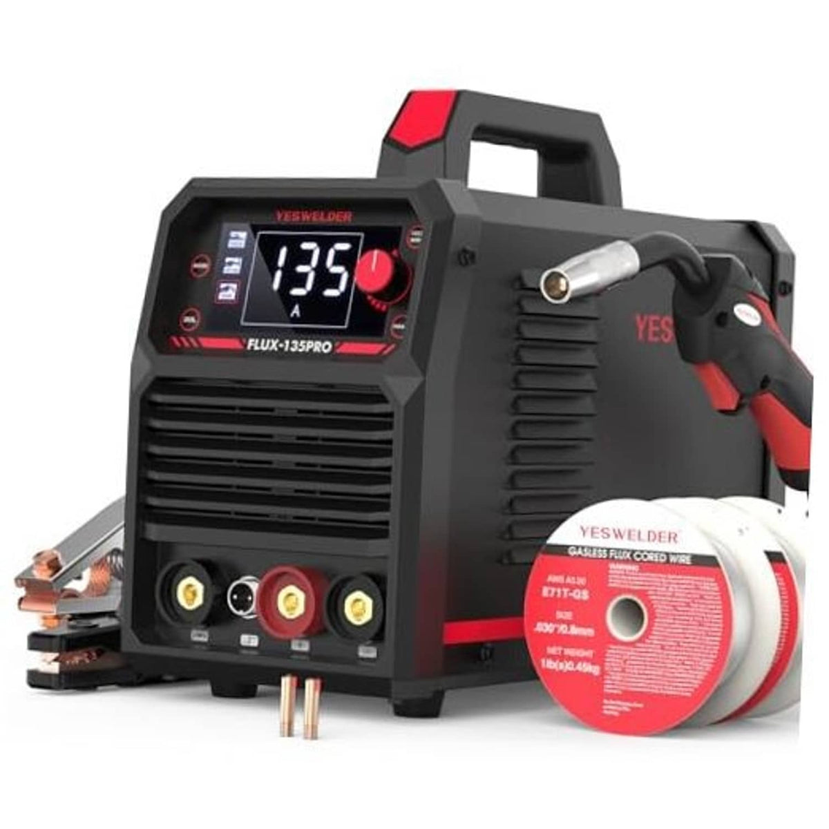 3-in-1 flux core MIG welder with digital display, torch, and wire feed ports