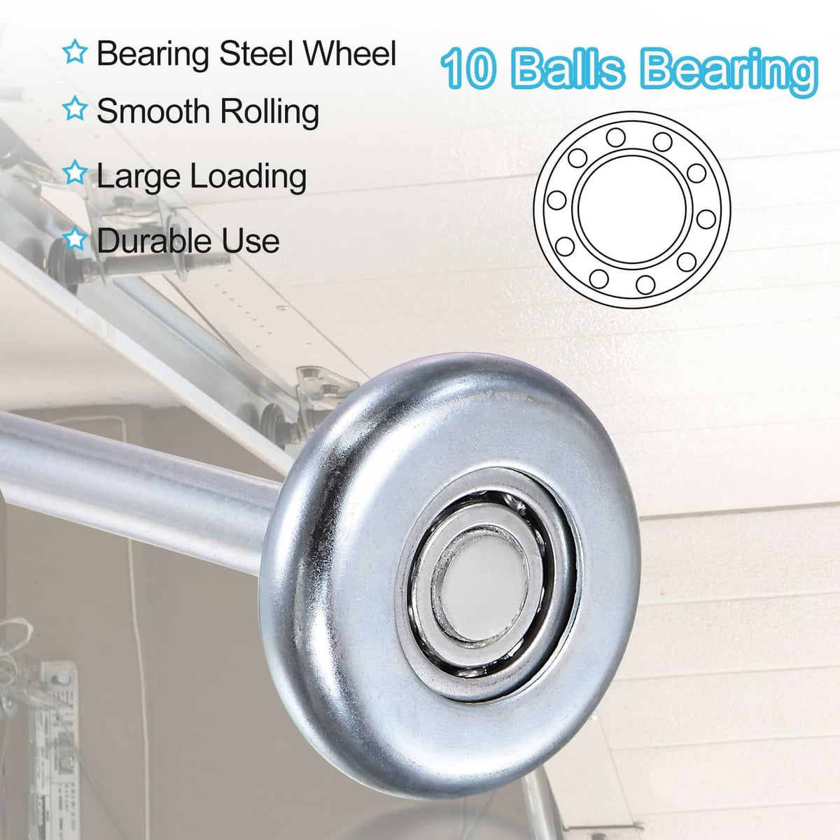 Close-up of silver garage door roller wheel with ball bearing center