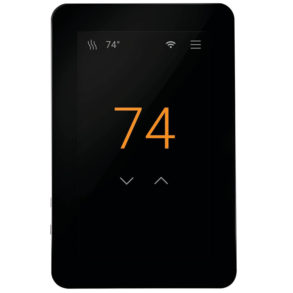 Black touchscreen thermostat showing 74°F and menu icons