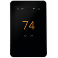 Black touchscreen thermostat showing 74°F and menu icons