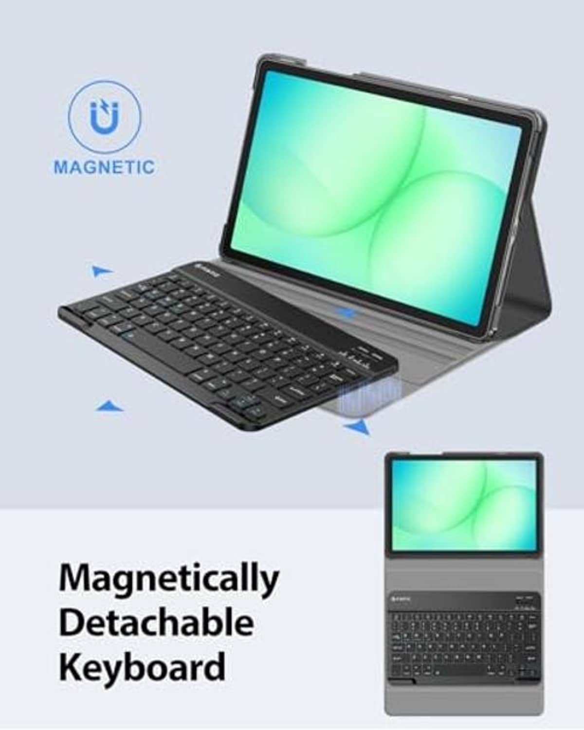 Black tablet keyboard case showing magnetic, detachable keyboard design