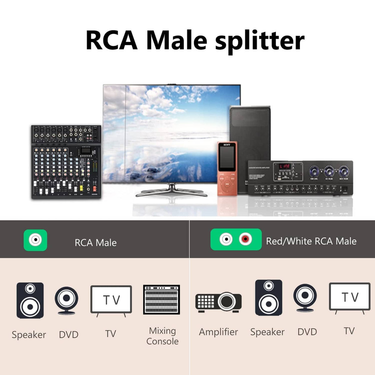 RCA male splitter adapter with red/white RCA male connection icons