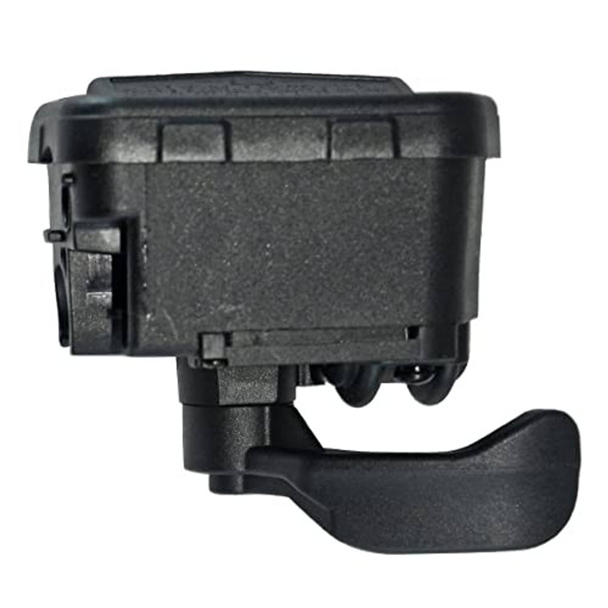 Black throttle housing with thumb lever and side switch details