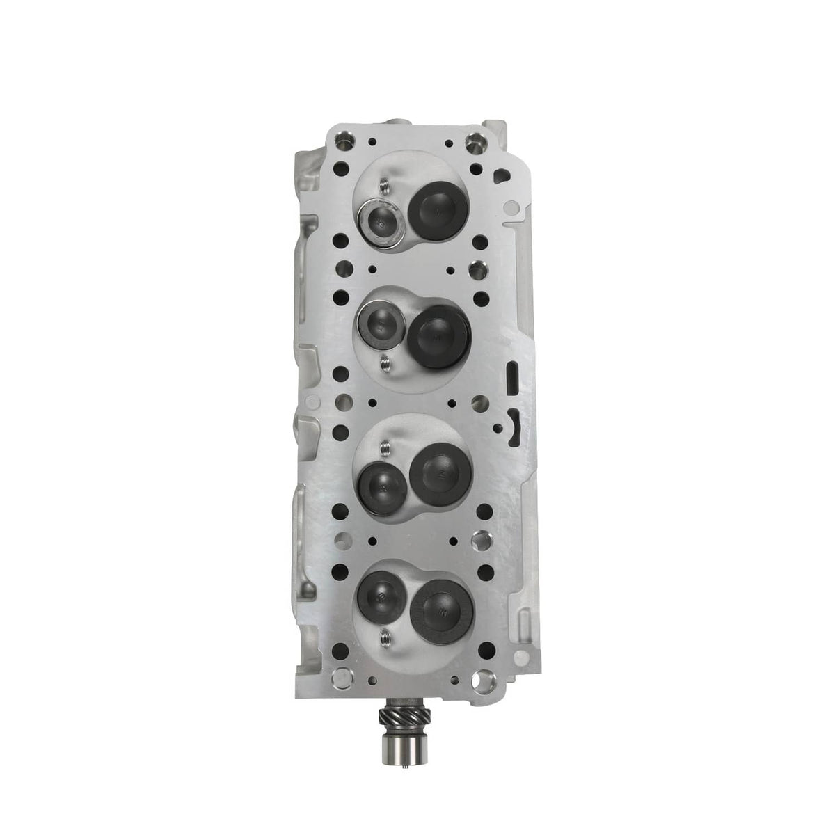 Cylinder head top view with four circular chambers and port holes, metallic silver