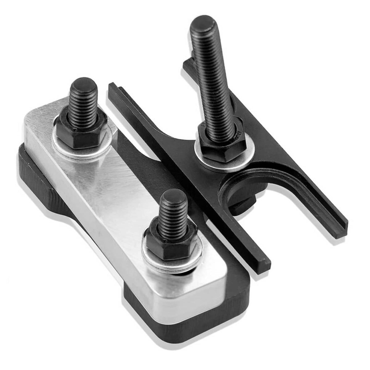 Valve spring compressor tool with steel base, black arms, three threaded bolts
