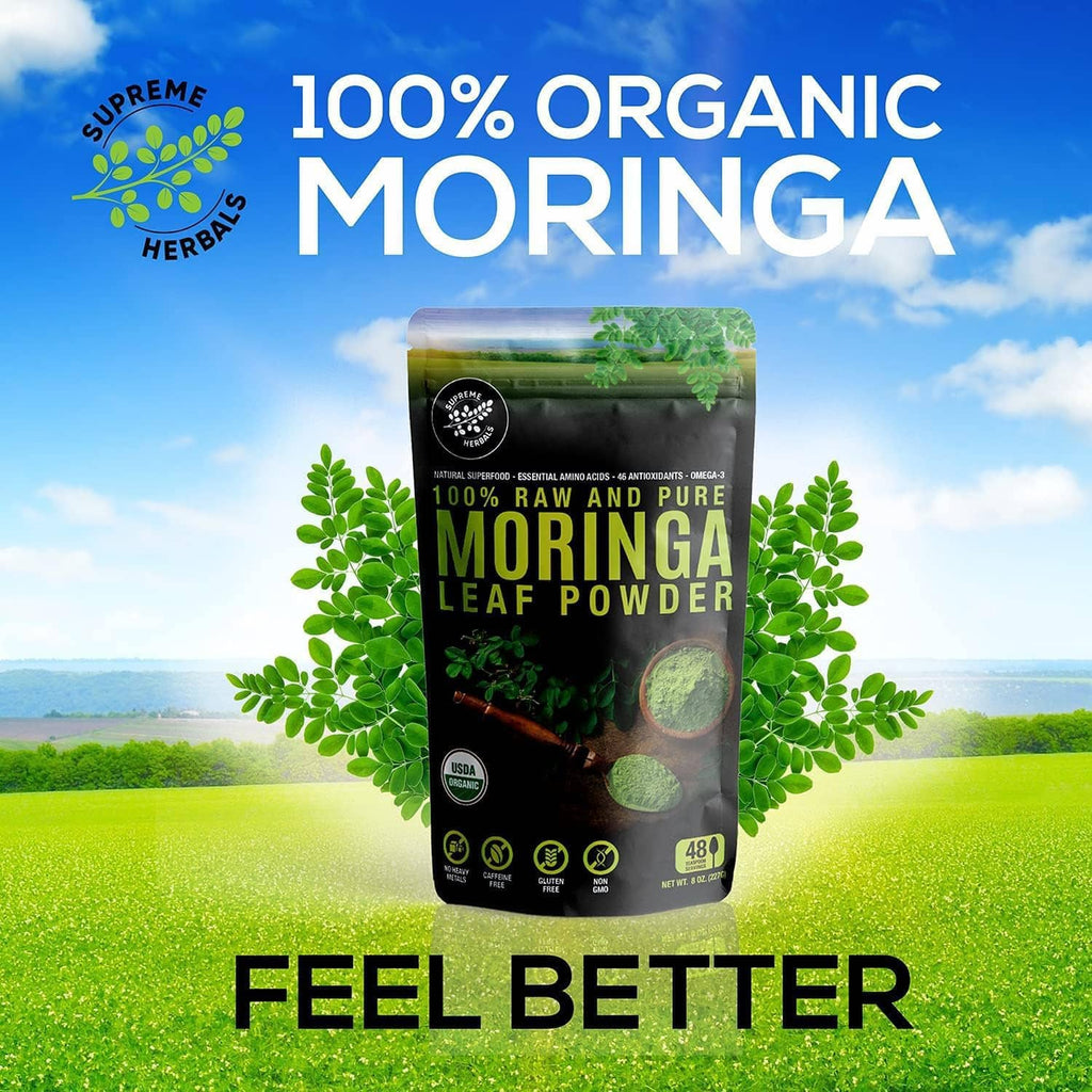 Moringa leaf powder pouch, black bag with 100% raw and pure moringa leaf powder label