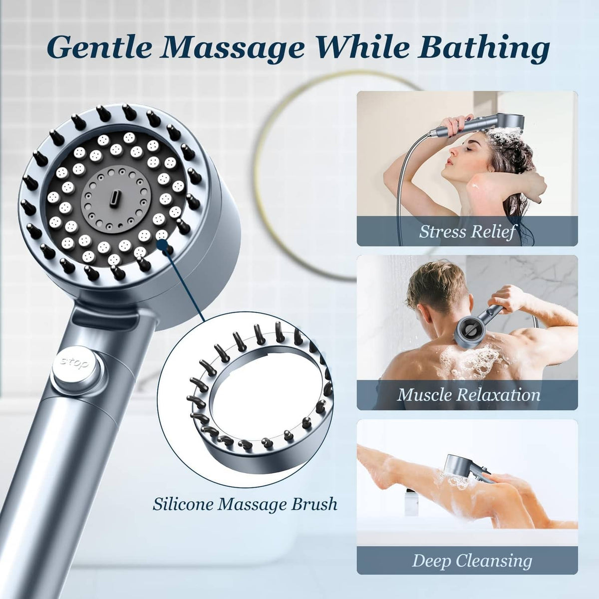 Massage shower head with silicone nozzle brush for gentle cleansing and relaxation