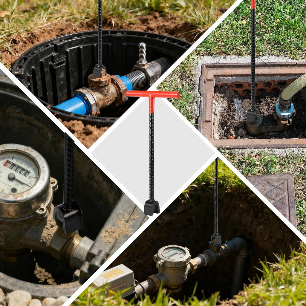 Water meter key inserted in underground valve box with red handle and black ribbed shaft