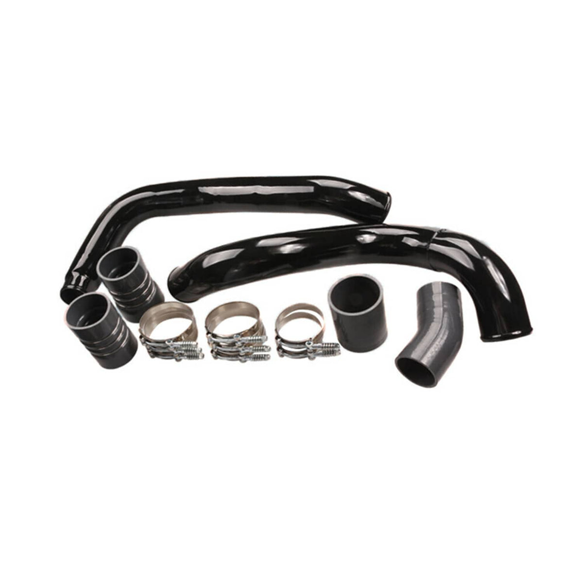 Black intercooler hose kit layout with silicone pipes, boots, and stainless clamps