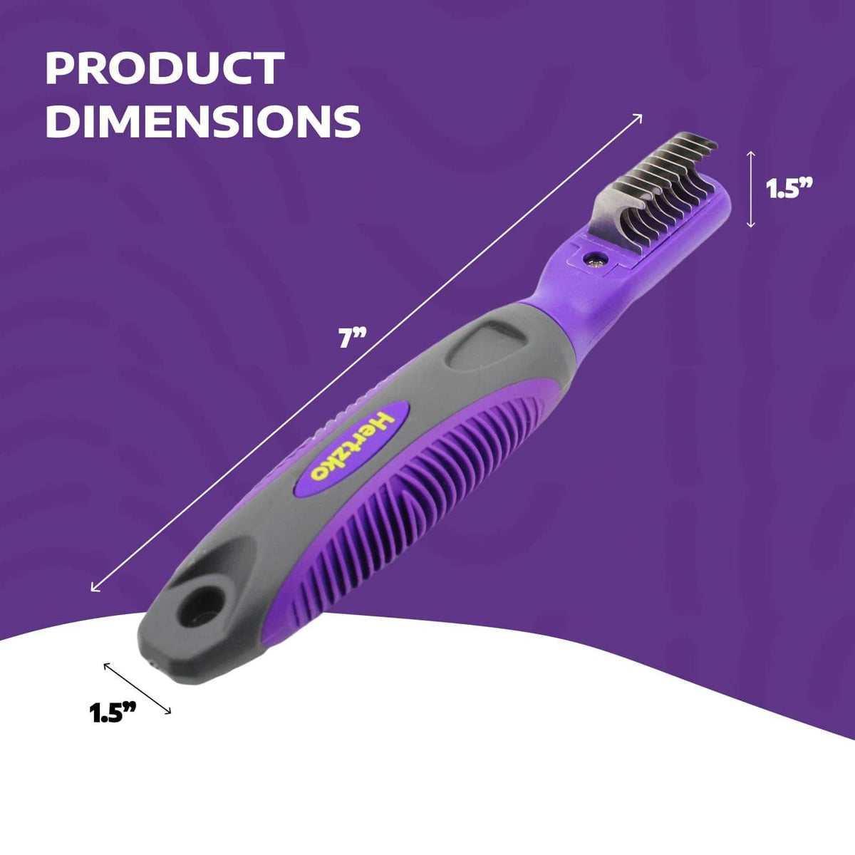 Purple dematting comb tool with gray handle, single row of metal teeth