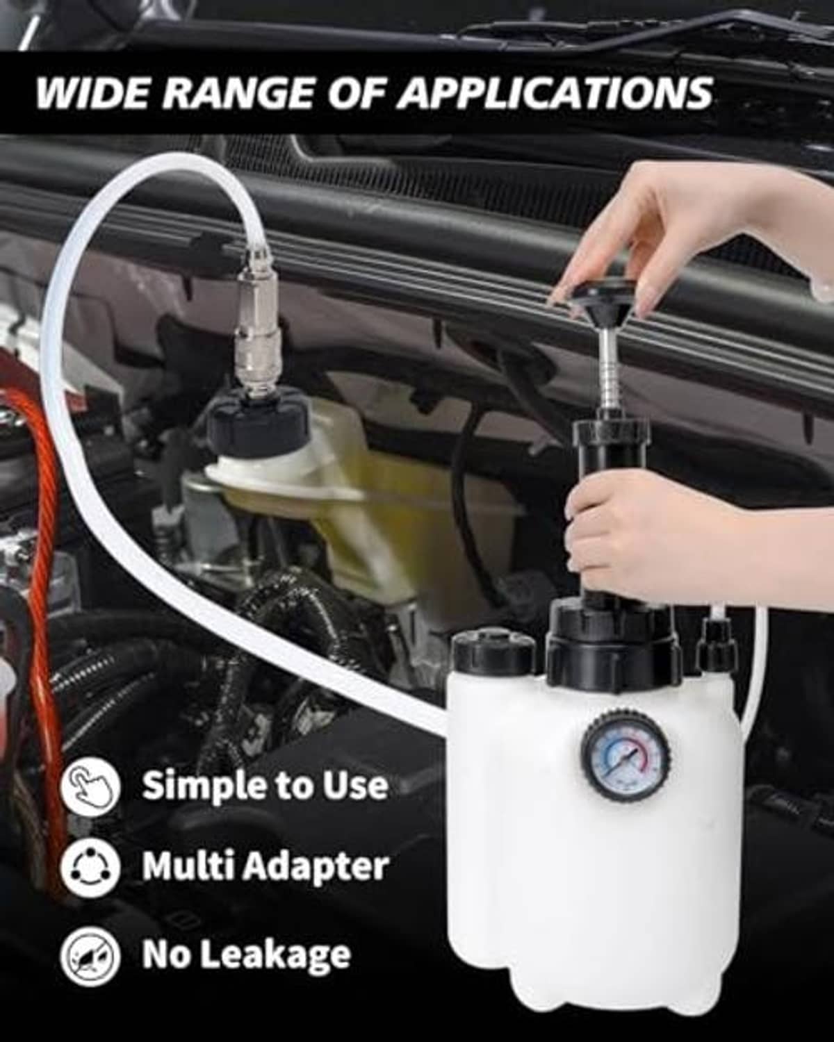 Brake bleeder pressure pump connected in an engine bay with gauge and fittings