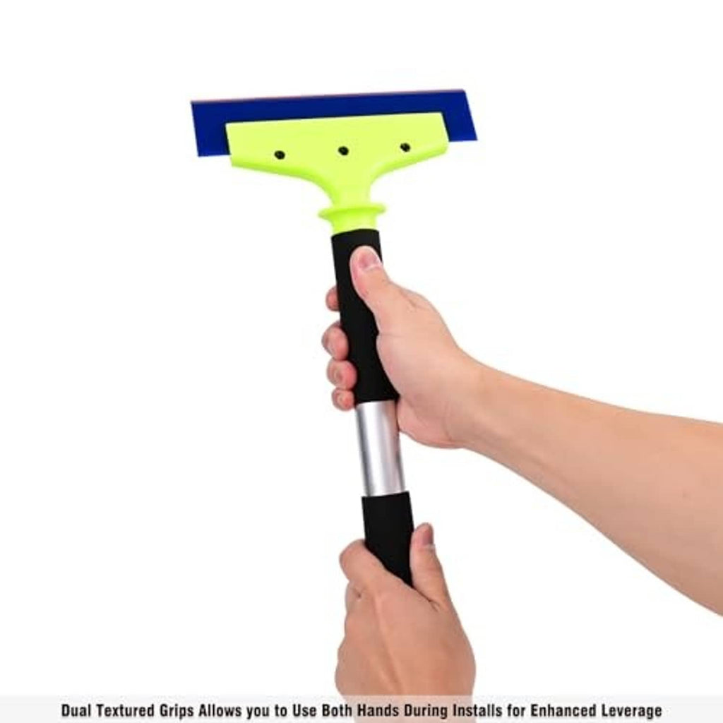 Window tint squeegee with dual textured black grips, neon green head, and long handle