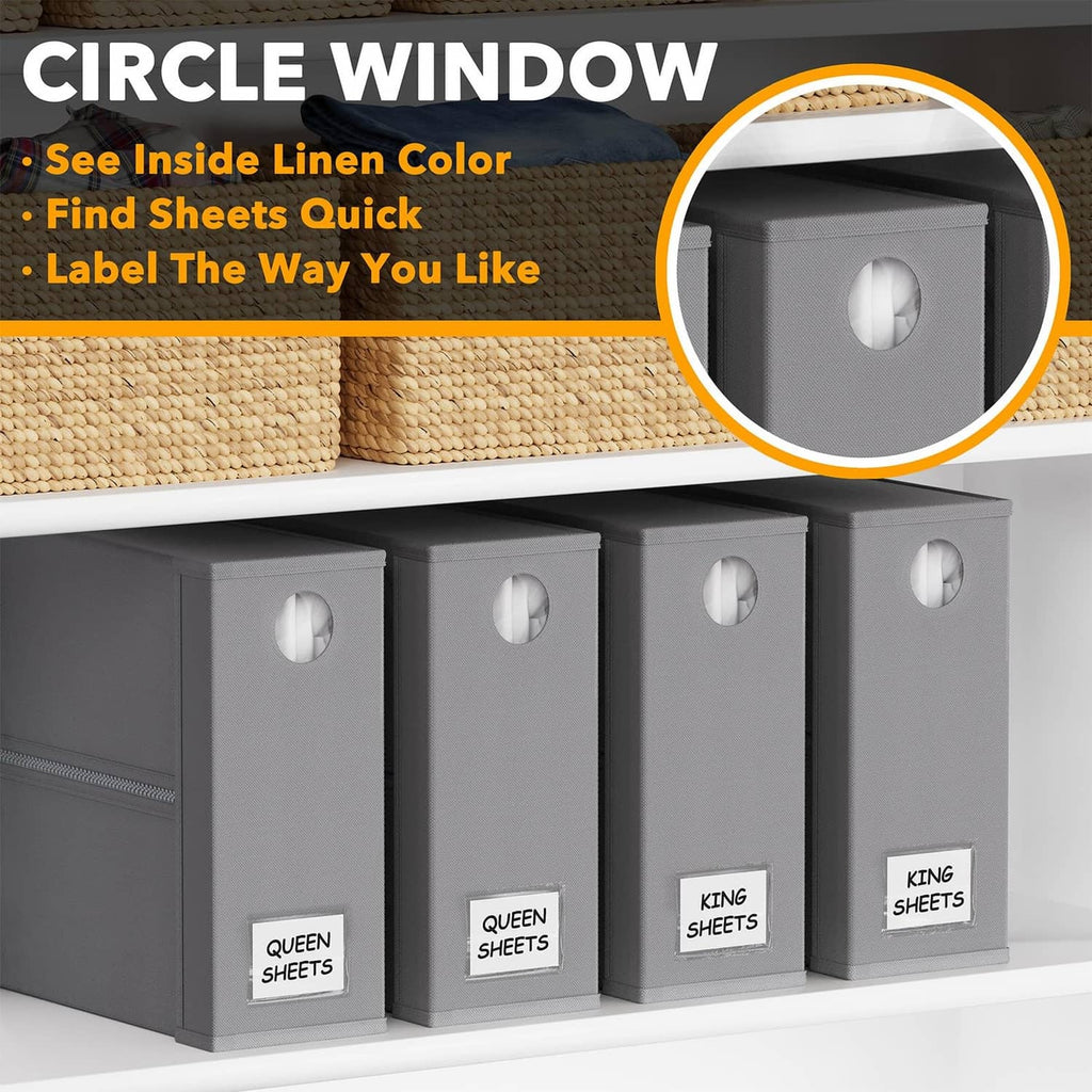 Gray sheet storage bin with oval front window and label pocket, stackable lidded design