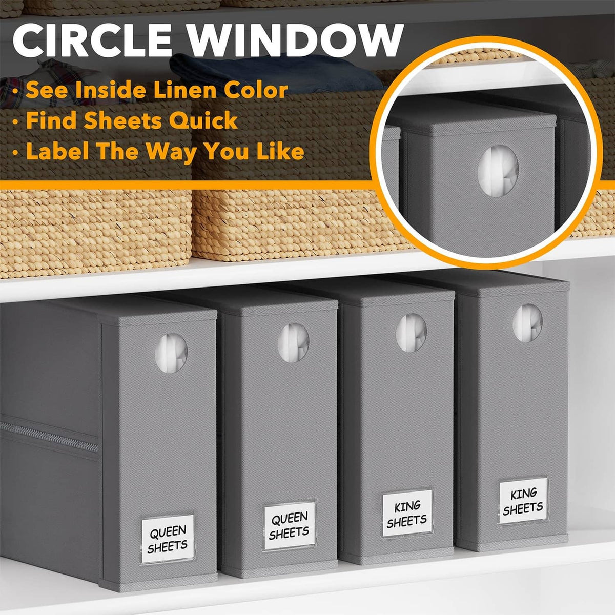 Gray sheet storage bin with oval front window and label pocket, stackable lidded design