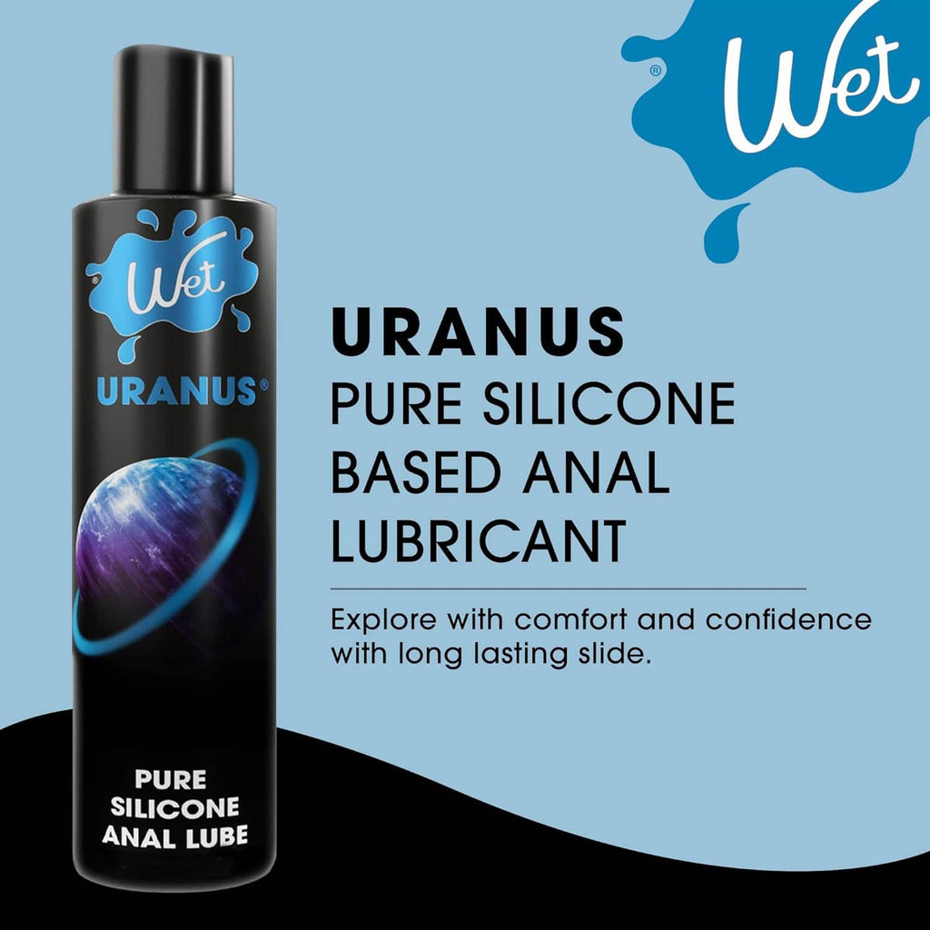 Silicone-based anal lubricant bottle with front label showing pure silicone based anal
