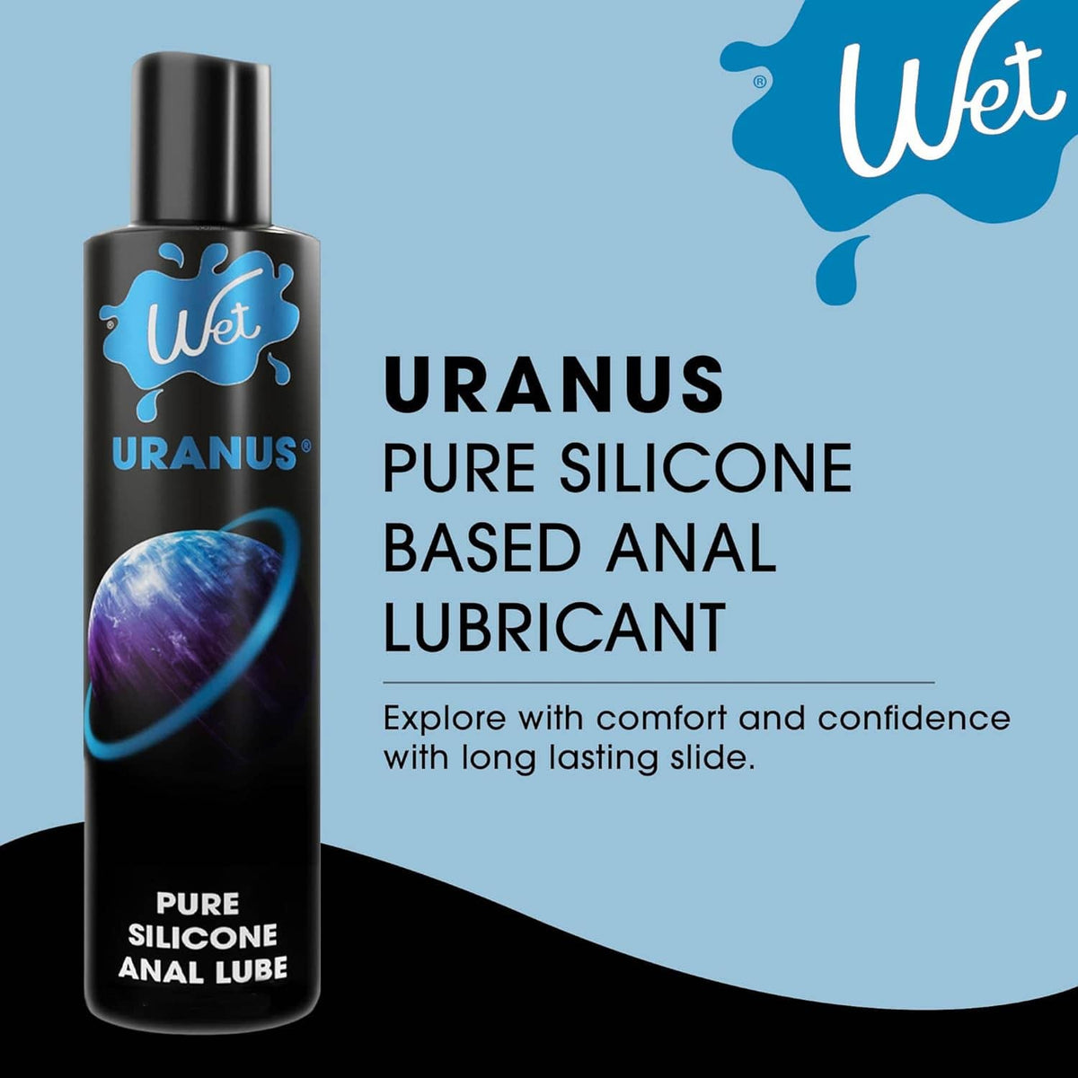 Silicone-based anal lubricant bottle with front label showing pure silicone based anal