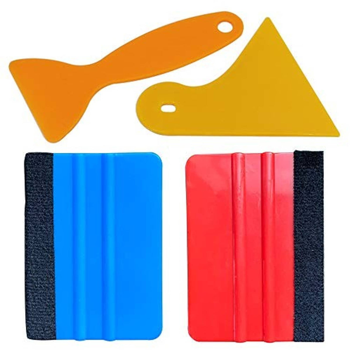 Car wrapping felt squeegees with orange and yellow edge tools, plus blue/red felt pads
