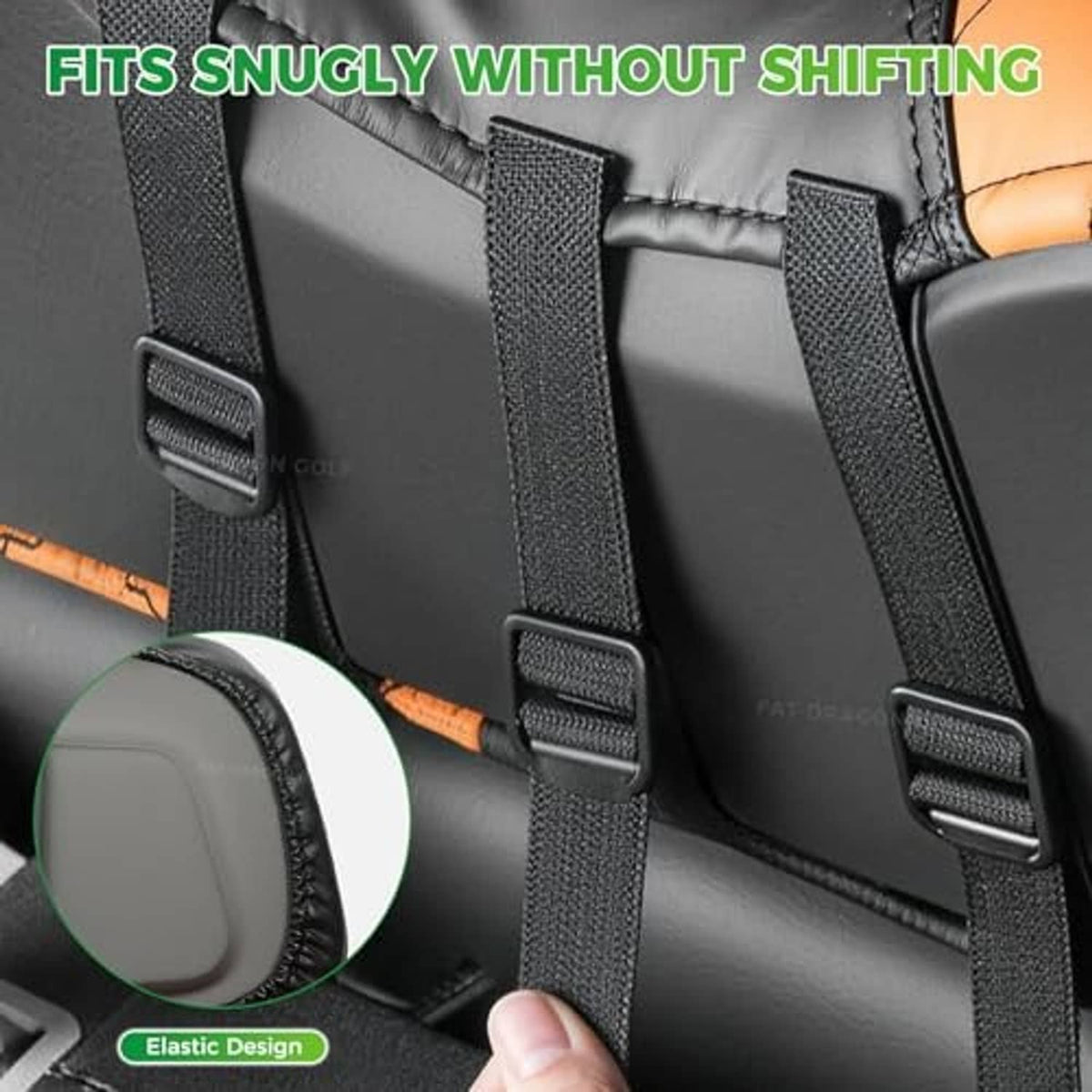 Black elastic straps and adjustable tabs securing the seat cover for a snug fit