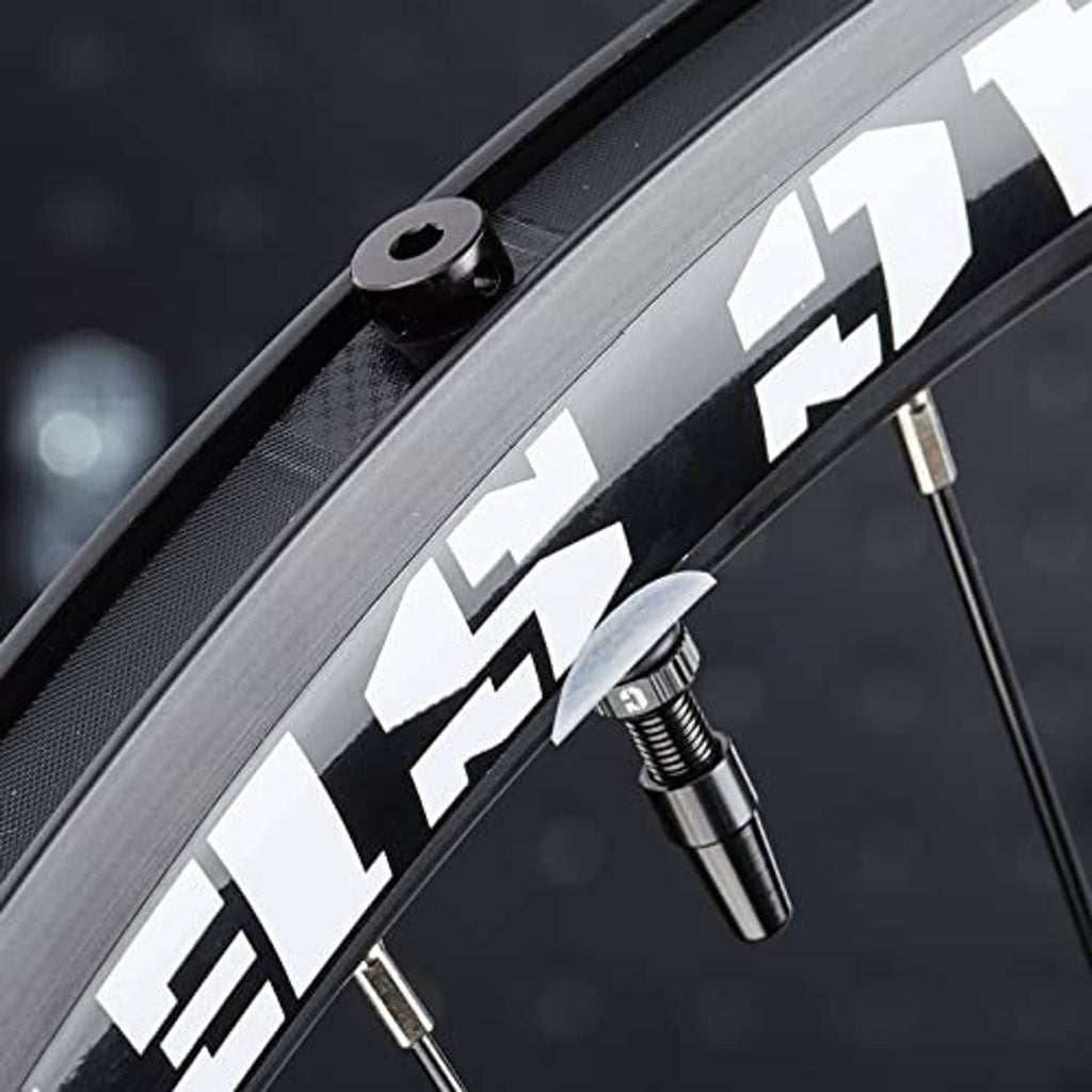 Black Presta tubeless valve stem inserted through rim with metal tip visible