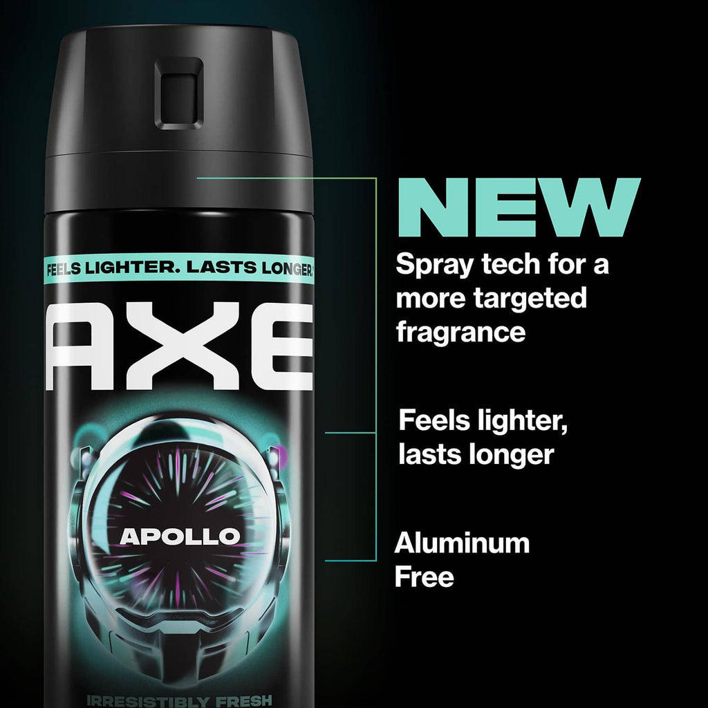 Black AXE Apollo deodorant body spray can with teal nozzle and product feature text