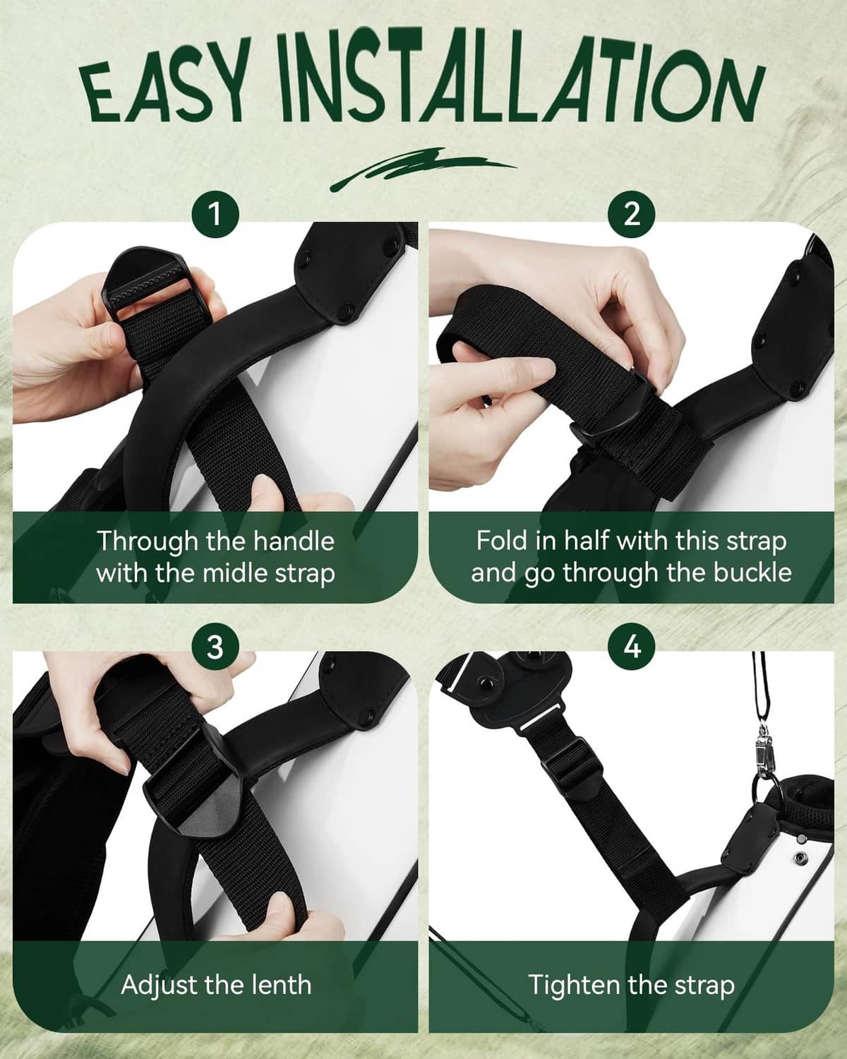 Black adjustable double shoulder strap with buckle hardware and handle attachment