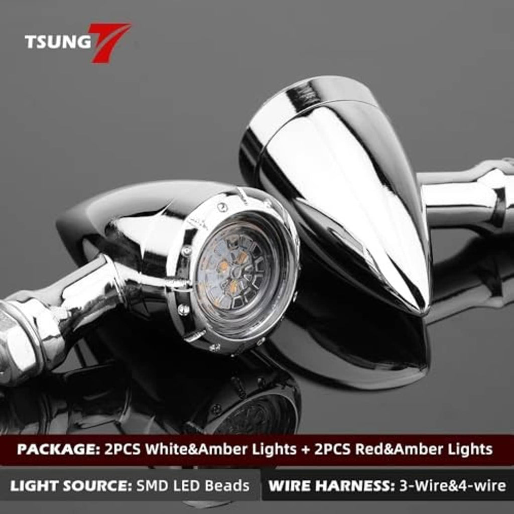 Chrome motorcycle bullet LED front lights with clear lens and reflective LED module