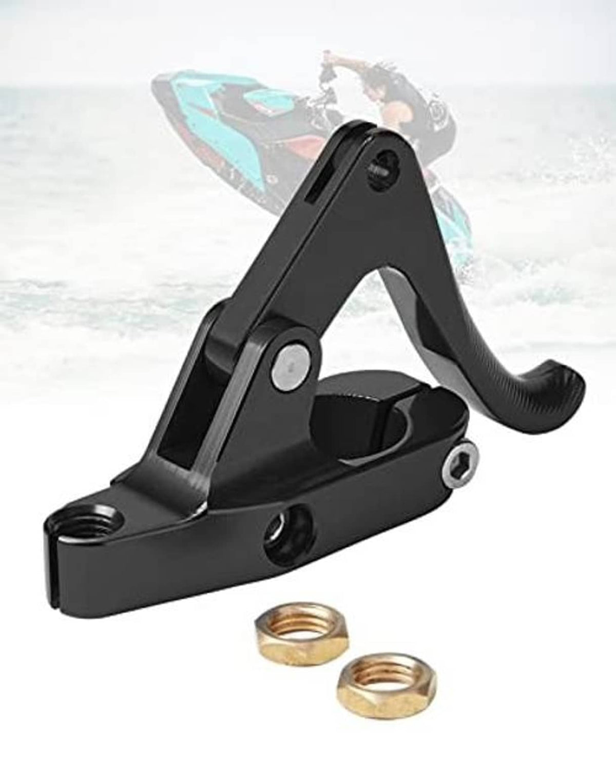 Black throttle lever assembly with curved grip, mounting base, and two metal nuts