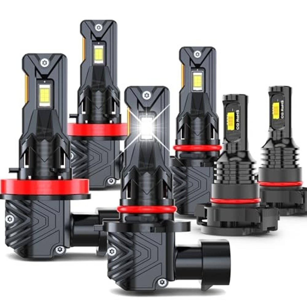 Six black LED headlight bulbs with red base rings and stacked cooling fins