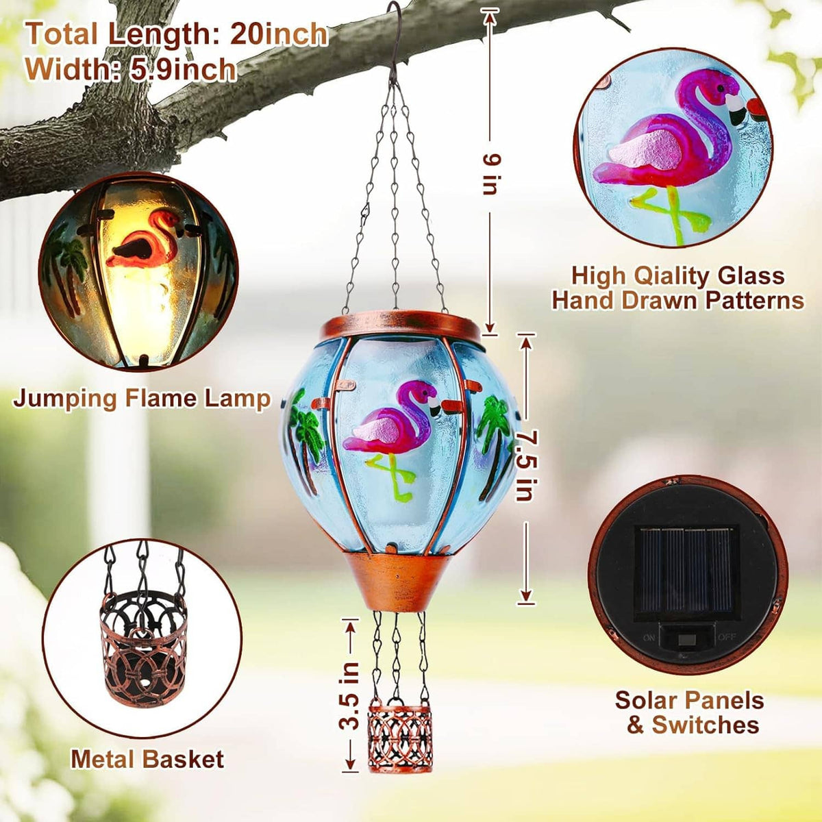 Blue glass flamingo solar lantern with copper top, red metal basket, and solar panel base