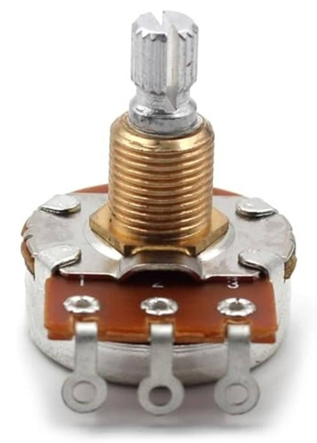 Rotary potentiometer top view with short split shaft, orange resistor board, and three pins.