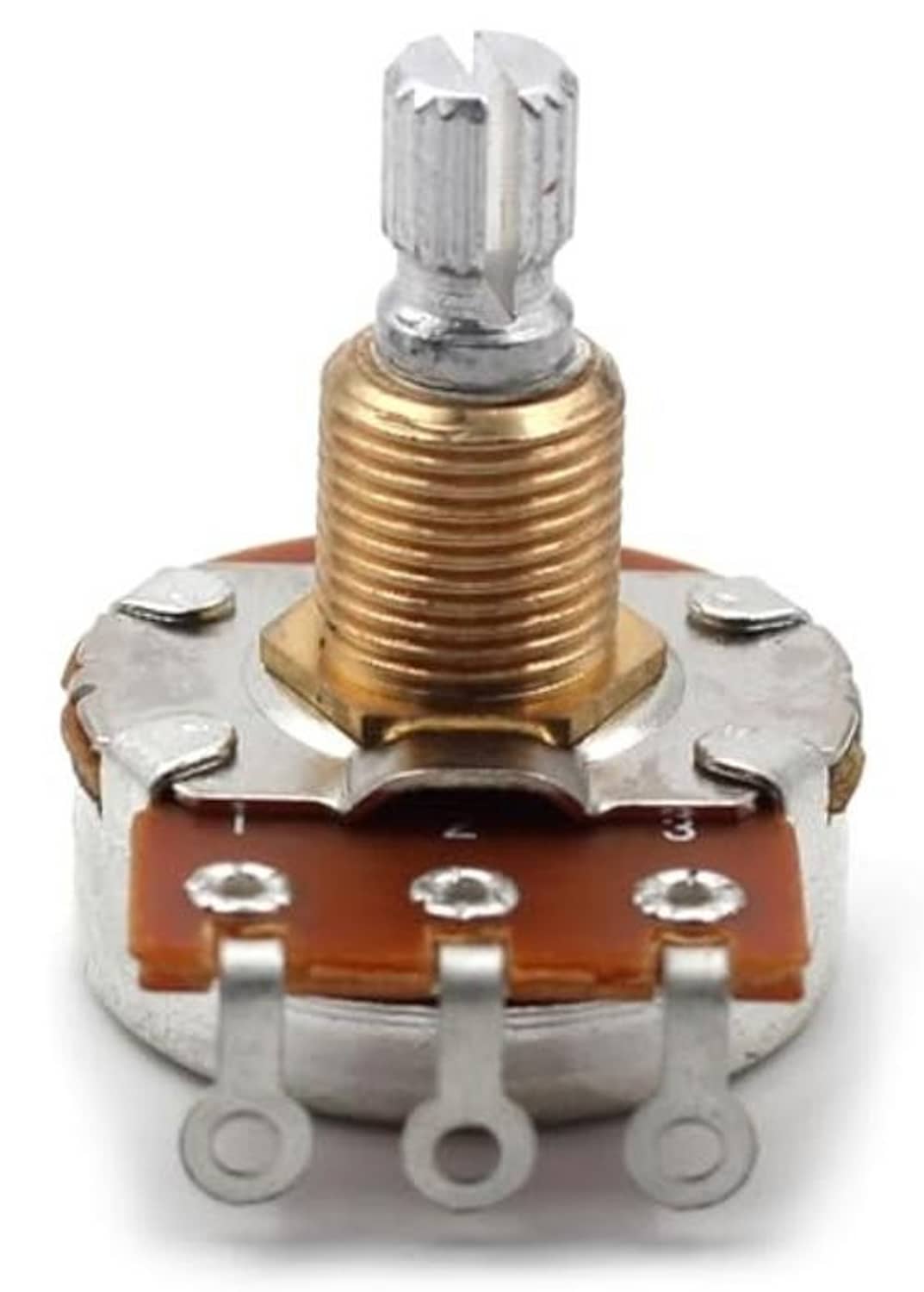 Rotary potentiometer top view with short split shaft, orange resistor board, and three pins.