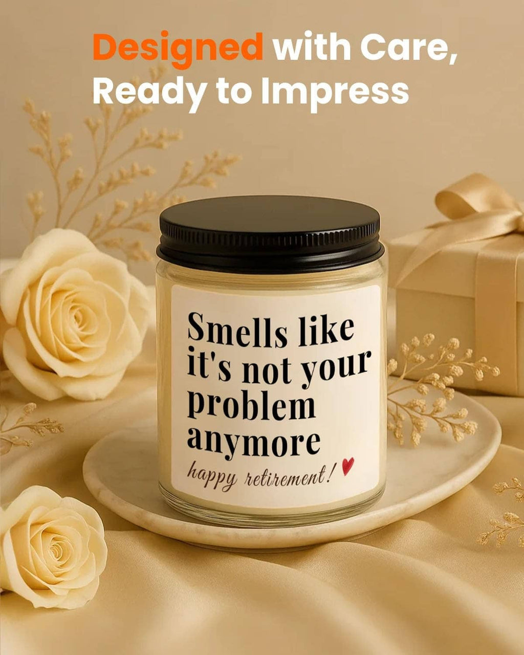 Creamy soy wax candle in clear glass jar with black lid on tray, with cream roses.