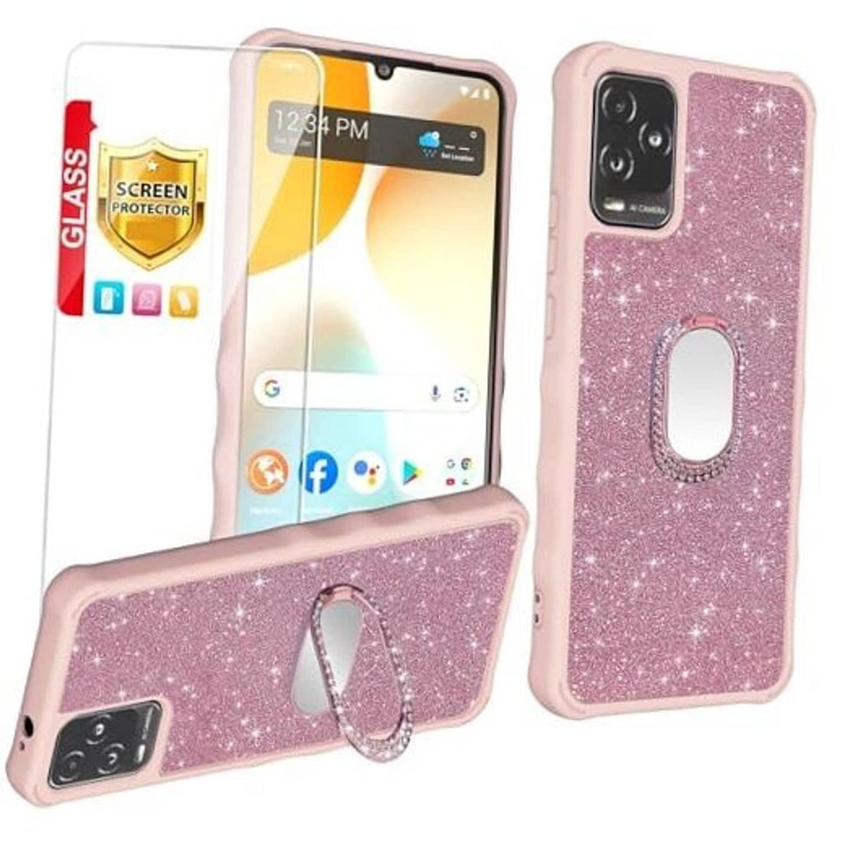 Pink glitter phone case with tempered glass screen protector and ring kickstand