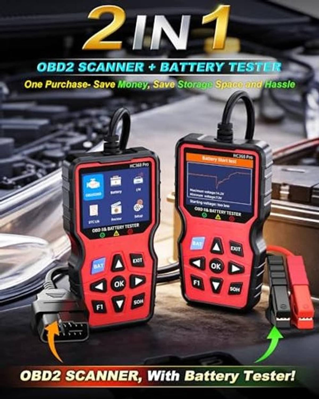 2-in-1 OBD2 scanner and battery tester with two handheld units, red battery clamps and OBD plug