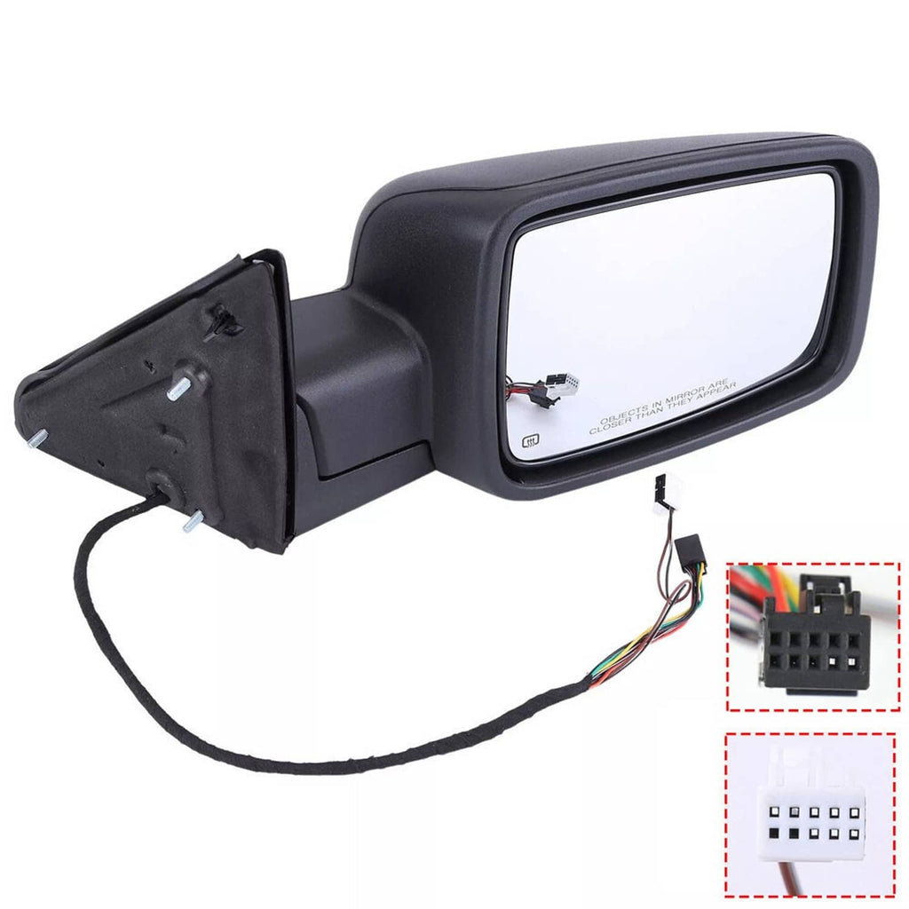 Passenger side mirror with wiring harness and connector plugs shown in detail