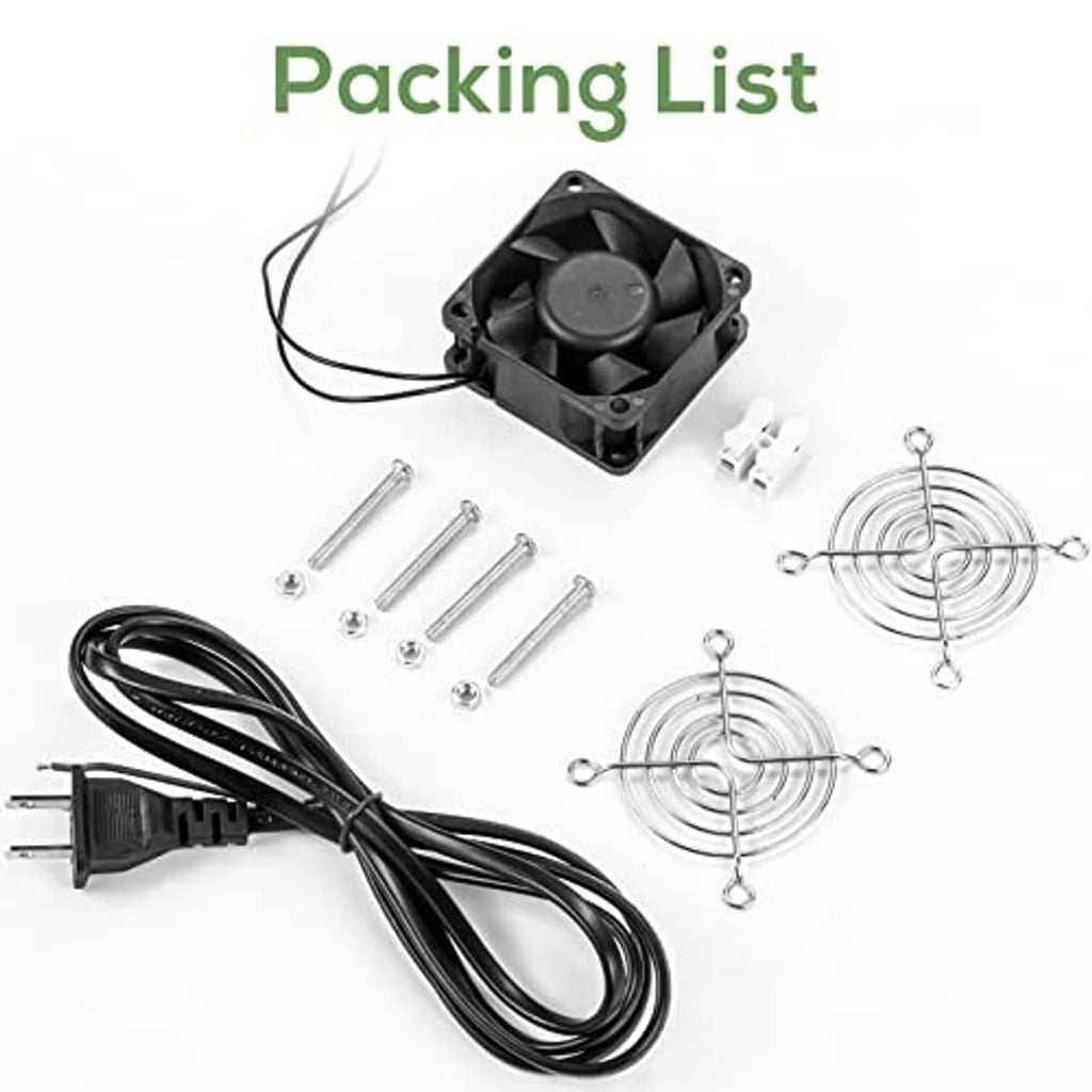 Cooling fan kit with black fan, power cable, mounting screws and fan guards
