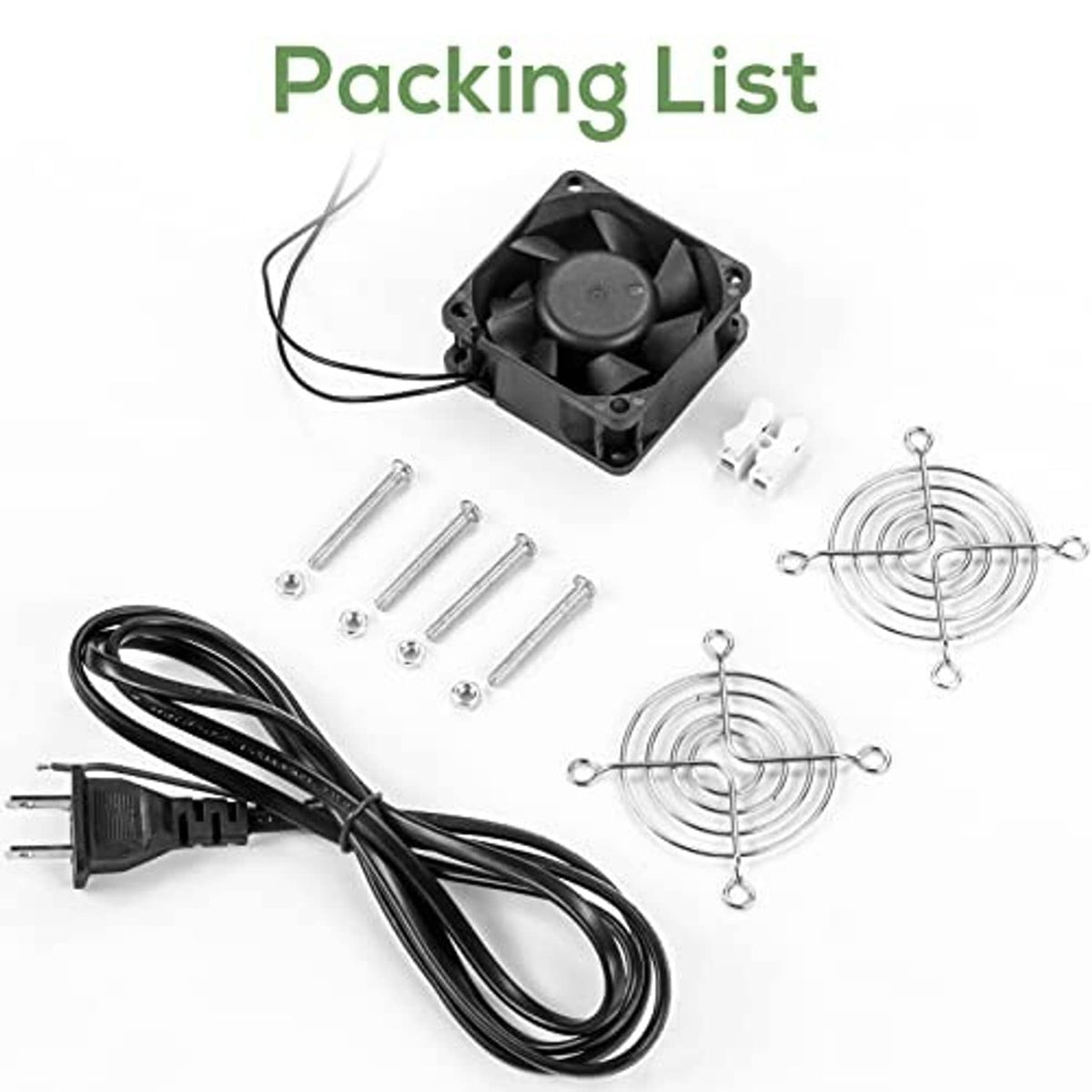 Cooling fan kit with black fan, power cable, mounting screws and fan guards