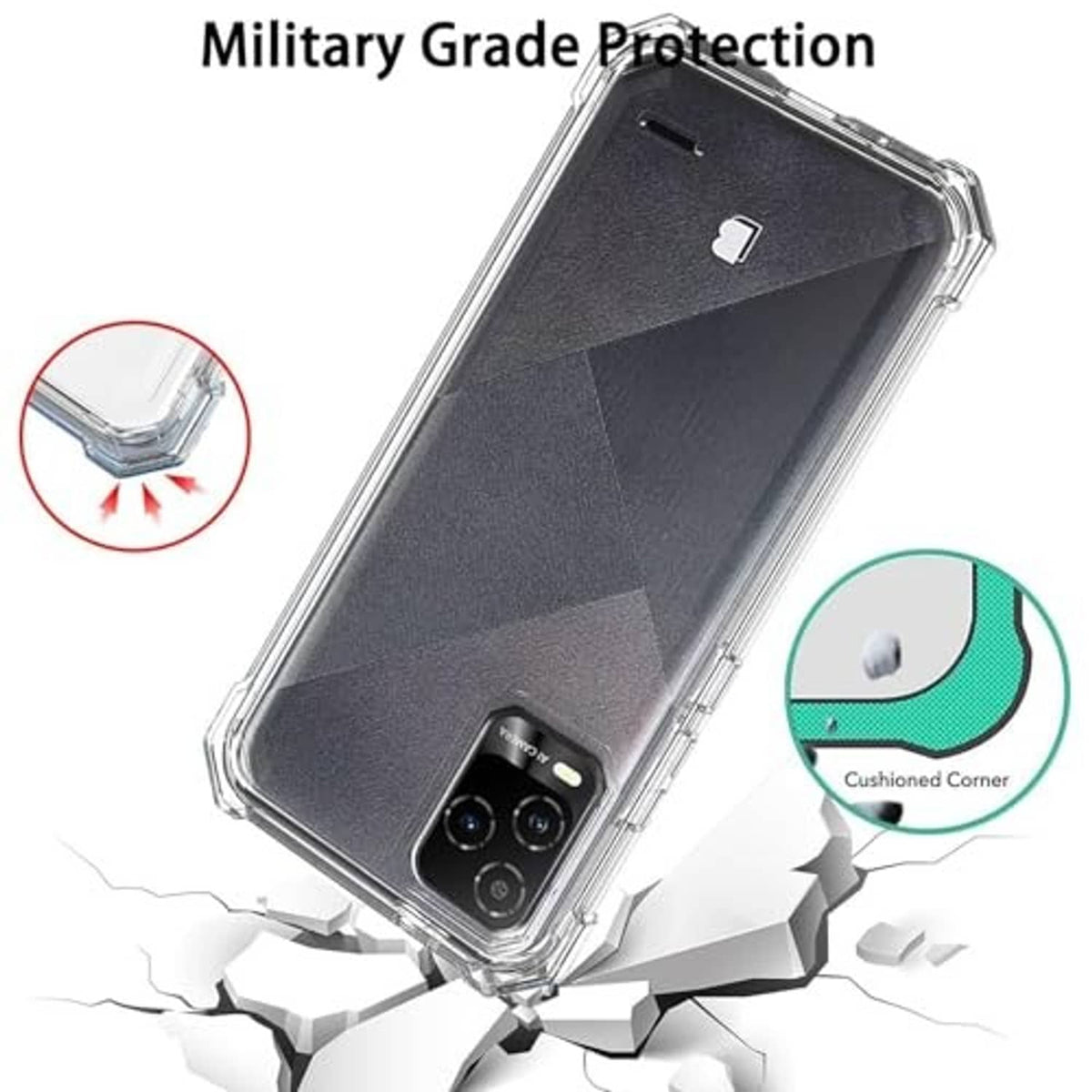 Clear rugged phone case with textured grip panel and cushioned corner protection