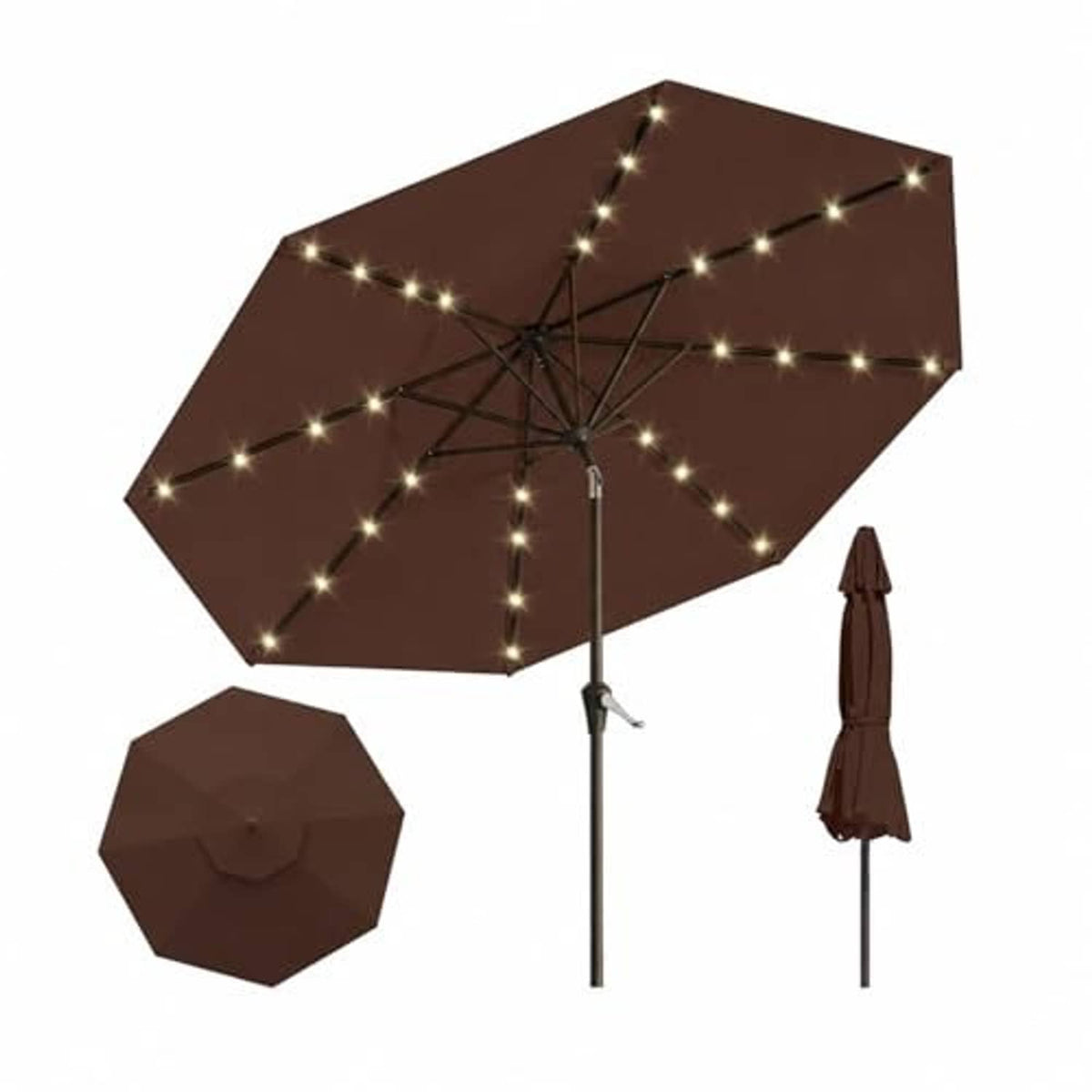 Brown patio umbrella with solar LED string lights plus a protective cover