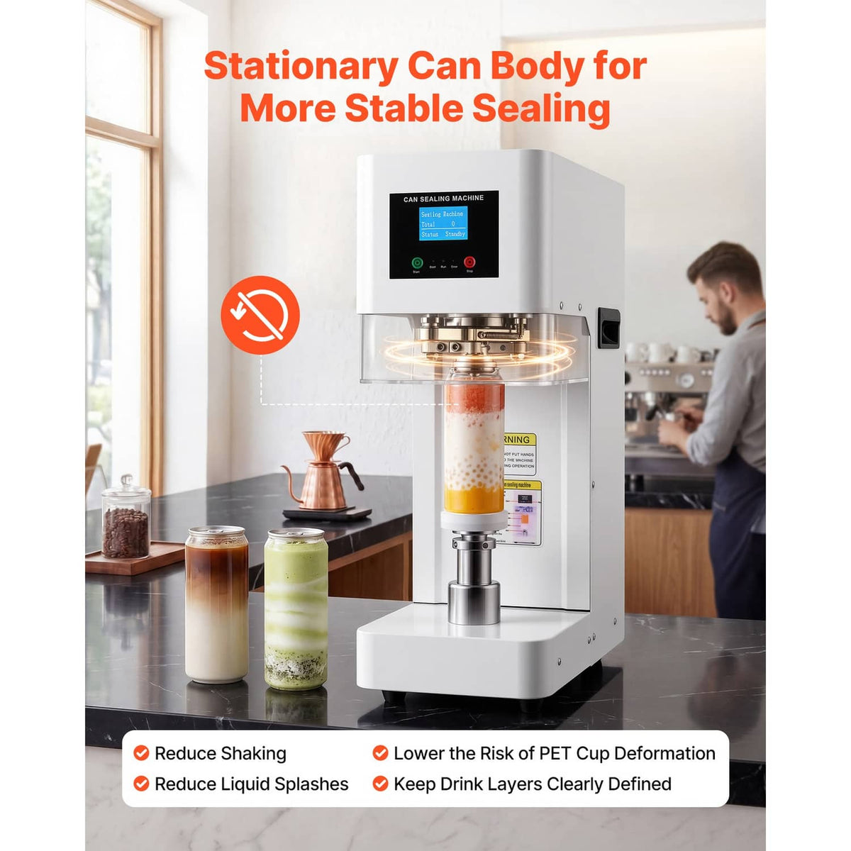White automatic can sealing machine on counter with illuminated sealing ring