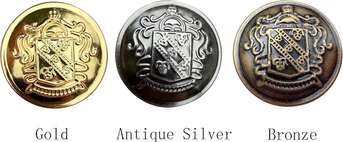 Round metal buttons in gold, antique silver, and bronze finishes with crest engraving