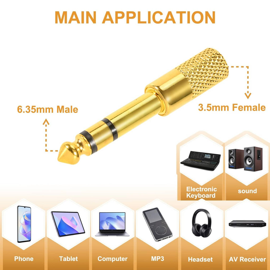 Gold 3.5mm to 6.35mm headphone jack adapter with male and female metal plugs