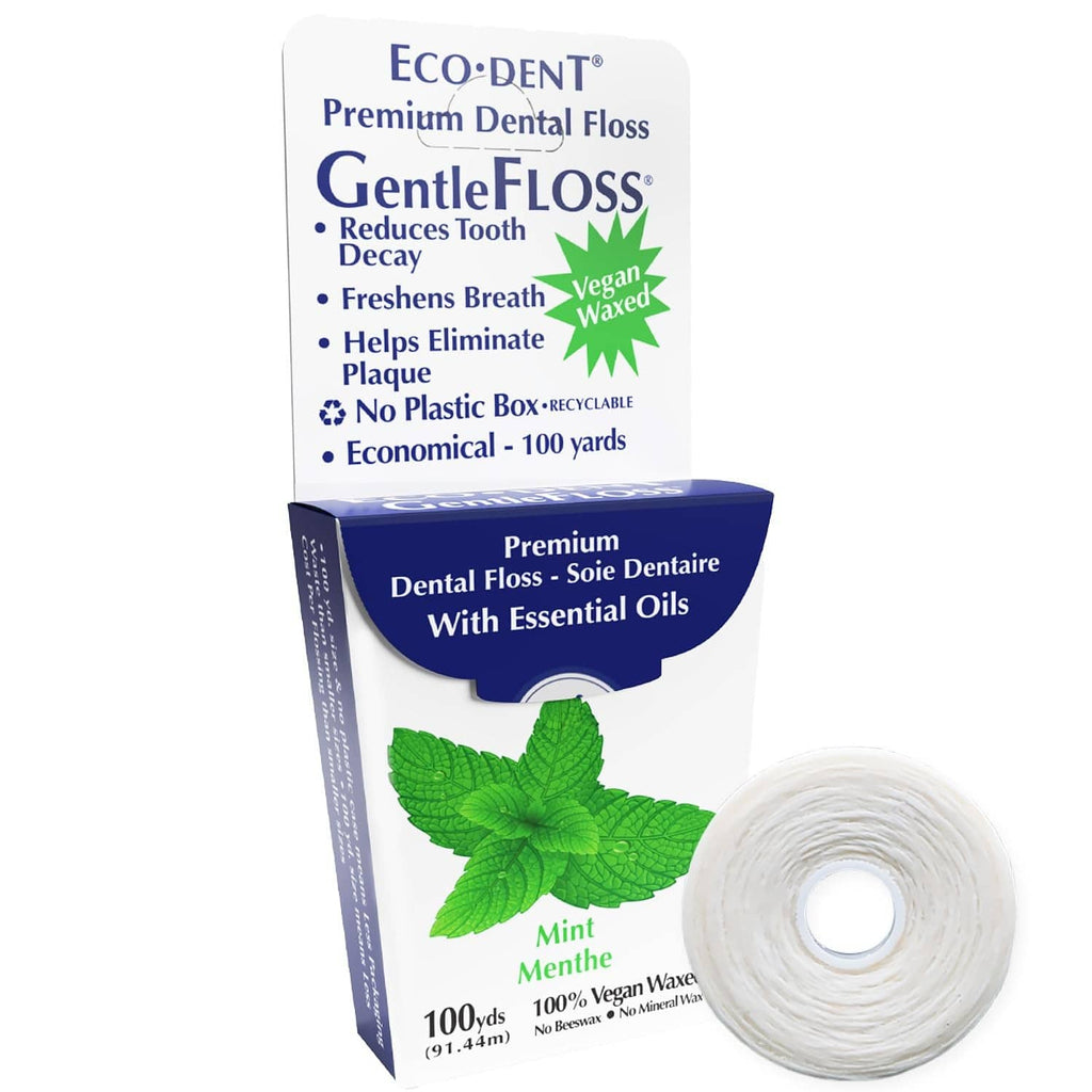 Eco-Dent GentleFloss waxed mint dental floss roll in box, 100 yd