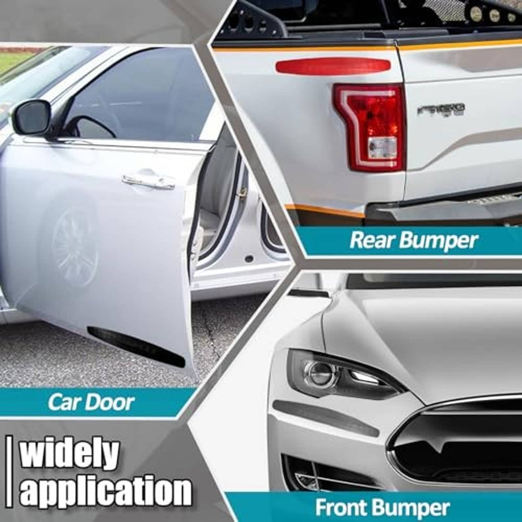 Black bumper guard strips shown on car front bumper, rear bumper, and door