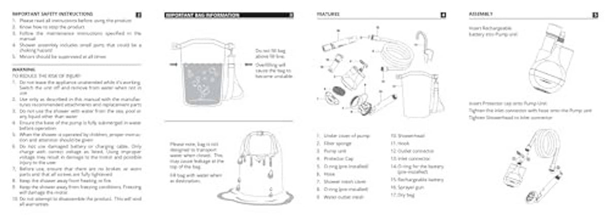 Line-drawing assembly diagram for battery-powered portable camping shower and dry bag